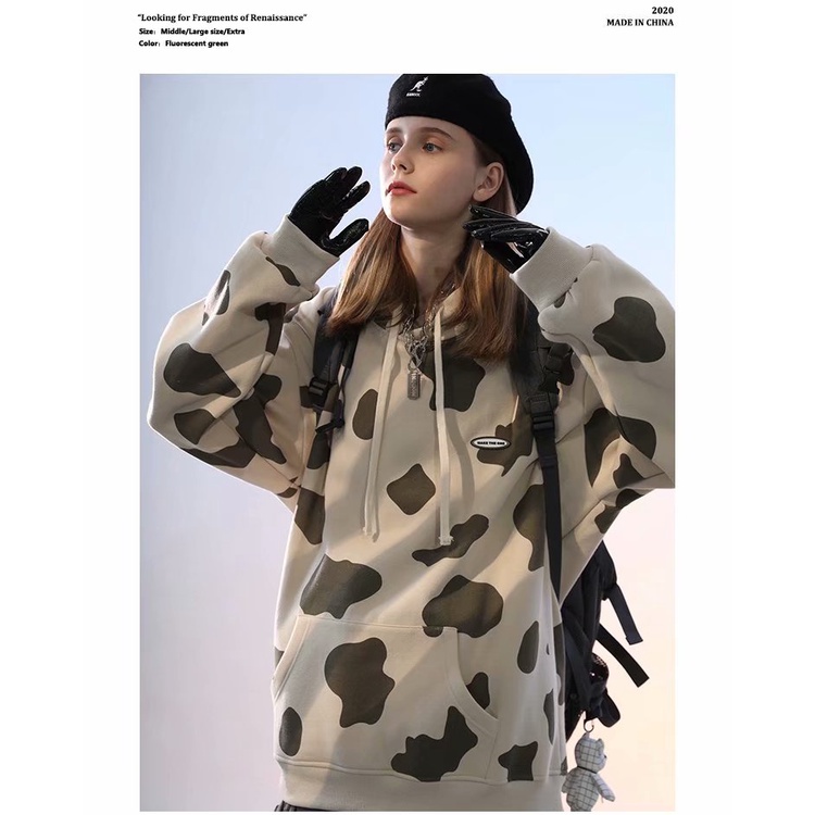 Áo Hoodie Thể Thao Dáng Rộng In Hình Bò Sữa Màu Trắng Đen Cá Tính Cho Cặp Đôi