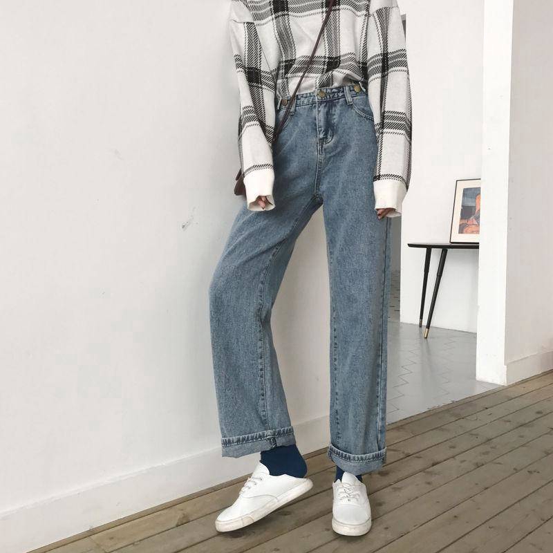 SUXI Quần jean dài ống rộng lưng cao phong cách Hàn Quốc