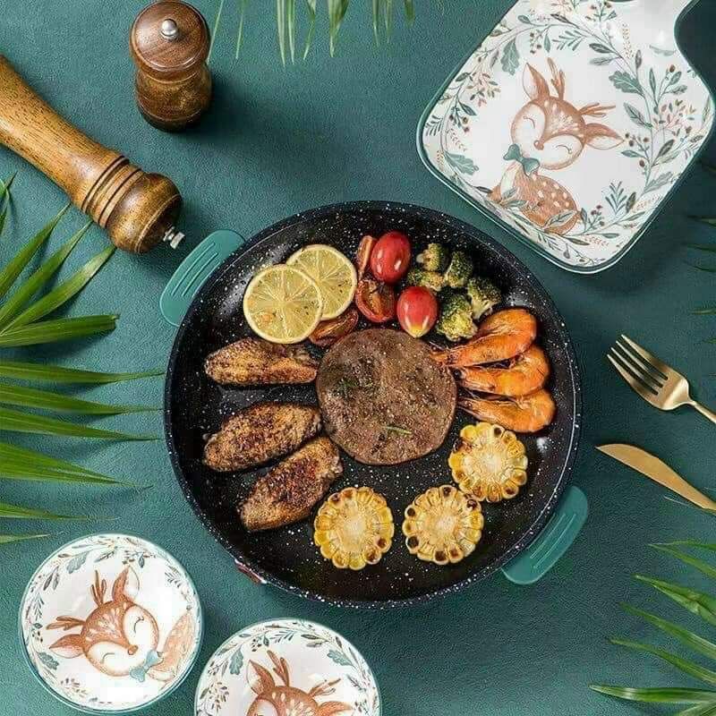 Chảo Nướng Điện Vân Đá Mini, Chiên, Xào, Nướng Đa Năng 3 in 1 - Ngoinhatienich