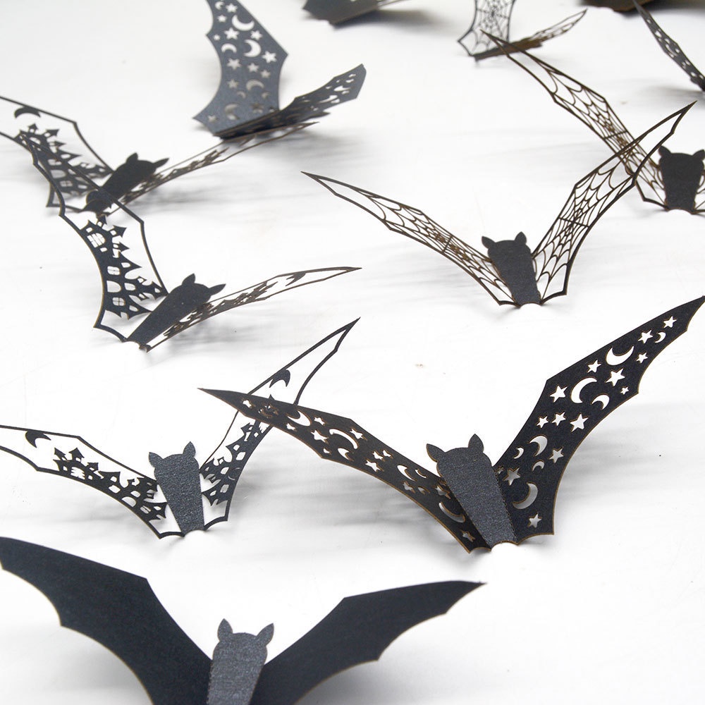 Set 12 Sticker Dán Tường Hình Dơi 3D Màu Đen Trang Trí Halloween