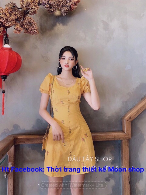 Đầm xô thêu hoa nhí nút bọc DHT005