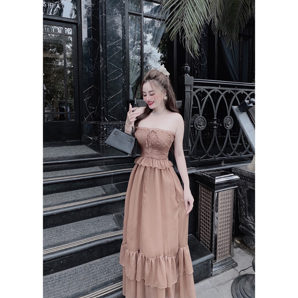 Đầm Maxi Dáng Xòe, Ngực Nhún Bèo Thắt Nơ, Bo Eo Và Đuôi Xòe Bèo 2 Tầng (ETO004) - Vải Tơ - 2 Màu Hồng, Nâu - Mặc Đi Tiệc | BigBuy360 - bigbuy360.vn