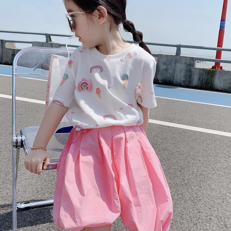 Set Áo Thun Cotton Tay Ngắn + Quần Hồng❤M0022❤Thời Trang Mùa Hè Hàn Quốc Cho Bé Gái