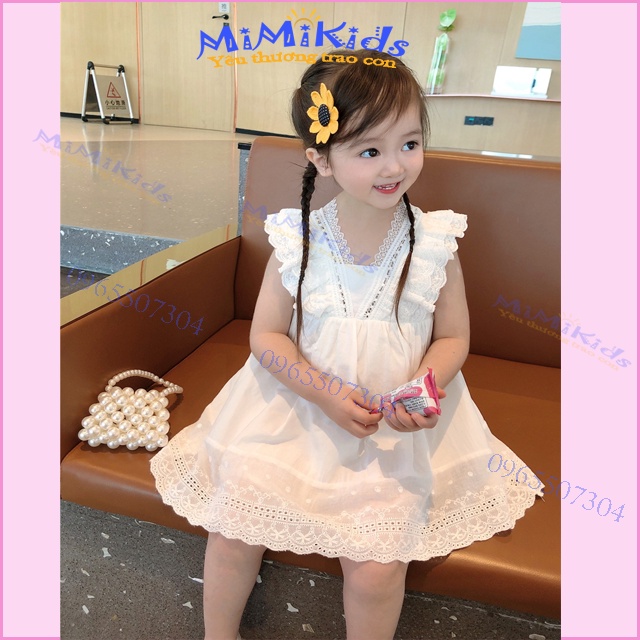 THANH LÝ Váy đầm đi biển/Đầm sát nách bé gái 1-6 tuổi, vải cotton thô màu trắng