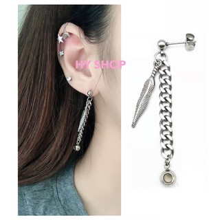 bông tai titan chiếc lá phối dây xích cá tính - khuyên tai thép y tế unisex BTS không dị ứng