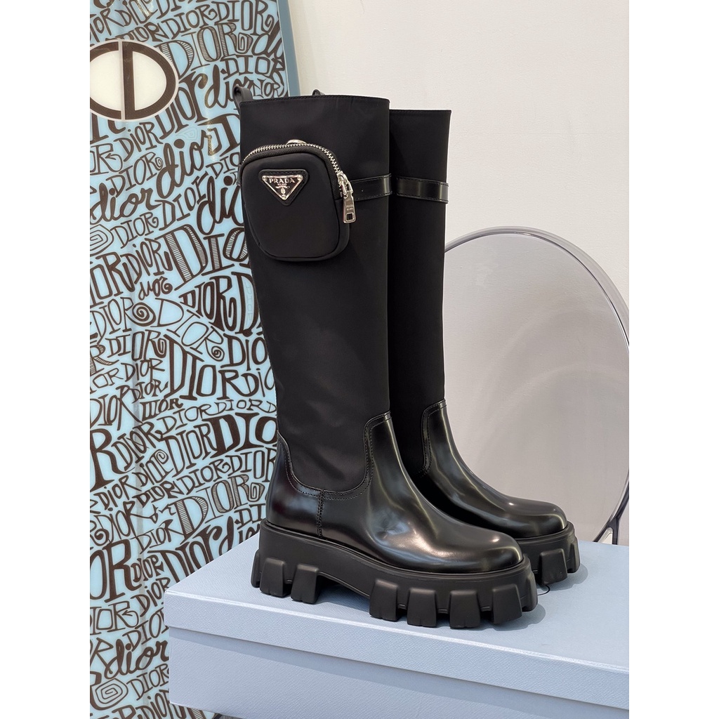 Boot cao nữ da thật thời trang cao cấp Prada phong cách đường phố, thiết kế phá cách
