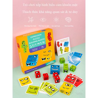 Khối gỗ xếp hình biểu cảm gương mặt, rèn luyện tư duy logic cho bé, trò chơi tương tác giữa cha mẹ và con cái