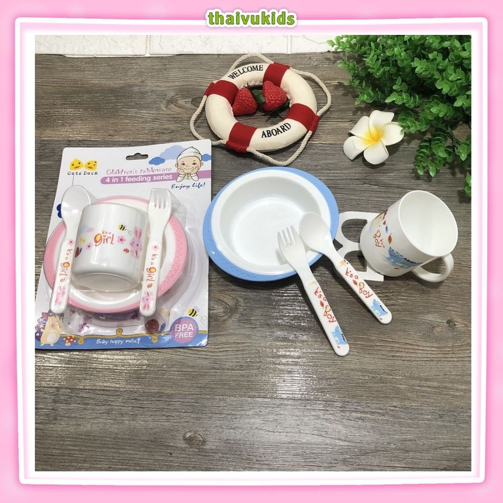 Bộ bát ăn kèm cốc thìa dĩa cho bé ăn dặm Cute duck BAT02 Thaivu kids