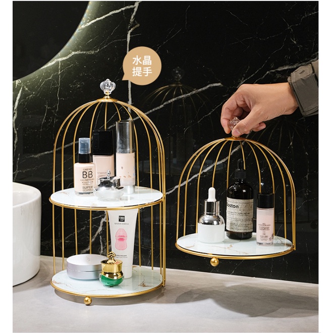 Kệ đựng mỹ phẩm hình lồng chim sang trọng, đa năng có thể đựng bánh, trái cây...chất liệu kim loại, cao 23cm