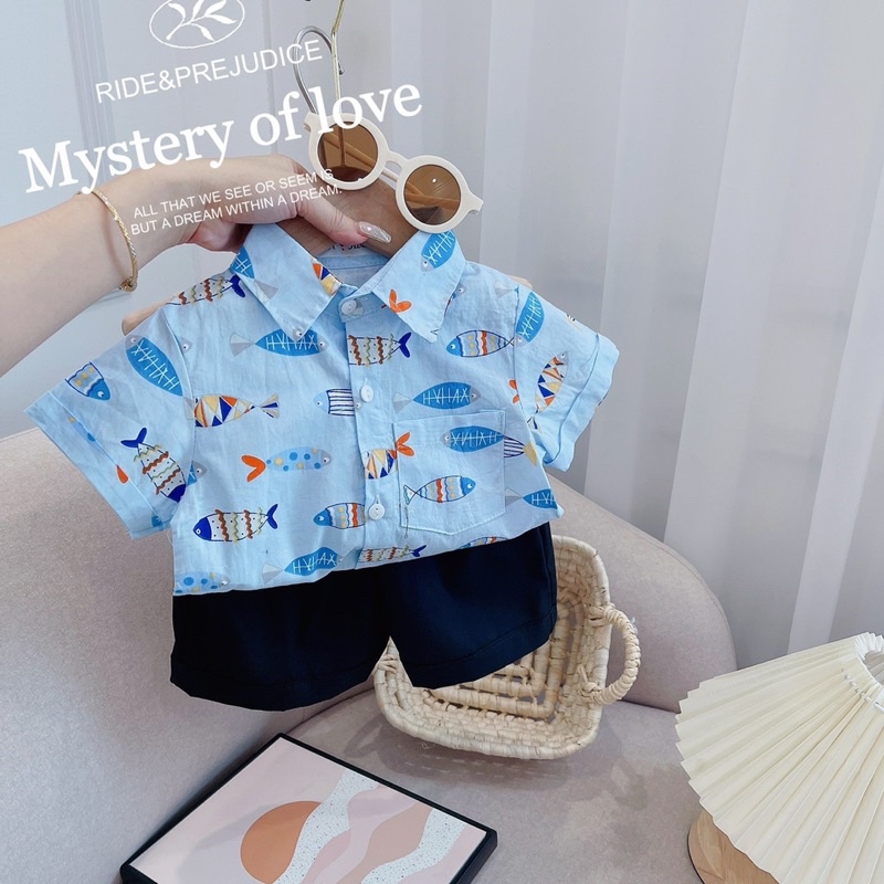 Set áo sơ mi hoạ tiết cá cho bé trai kèm quần đùi KAYN