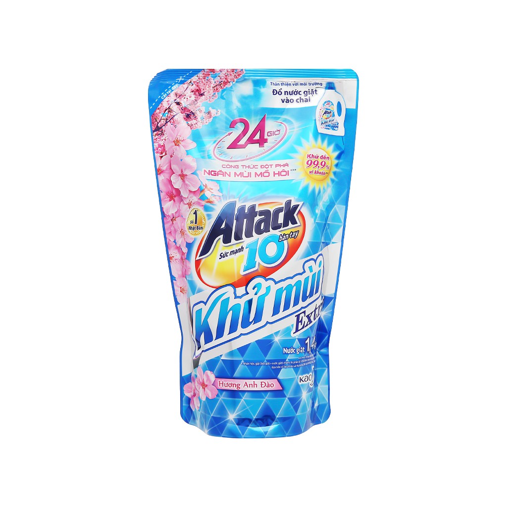 Nước giặt Attack Extra khử mùi hương hoa anh đào túi 1.4 lít