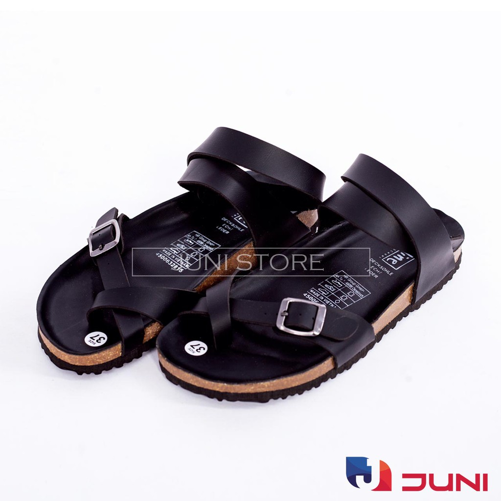 [DA PU/CHỐNG NƯỚC] PU16-Dép da sandal cao cổ Unisex, Màu đen, đế trấu Bioline Birken- Xuất khẩu châu Âu - Juni Store