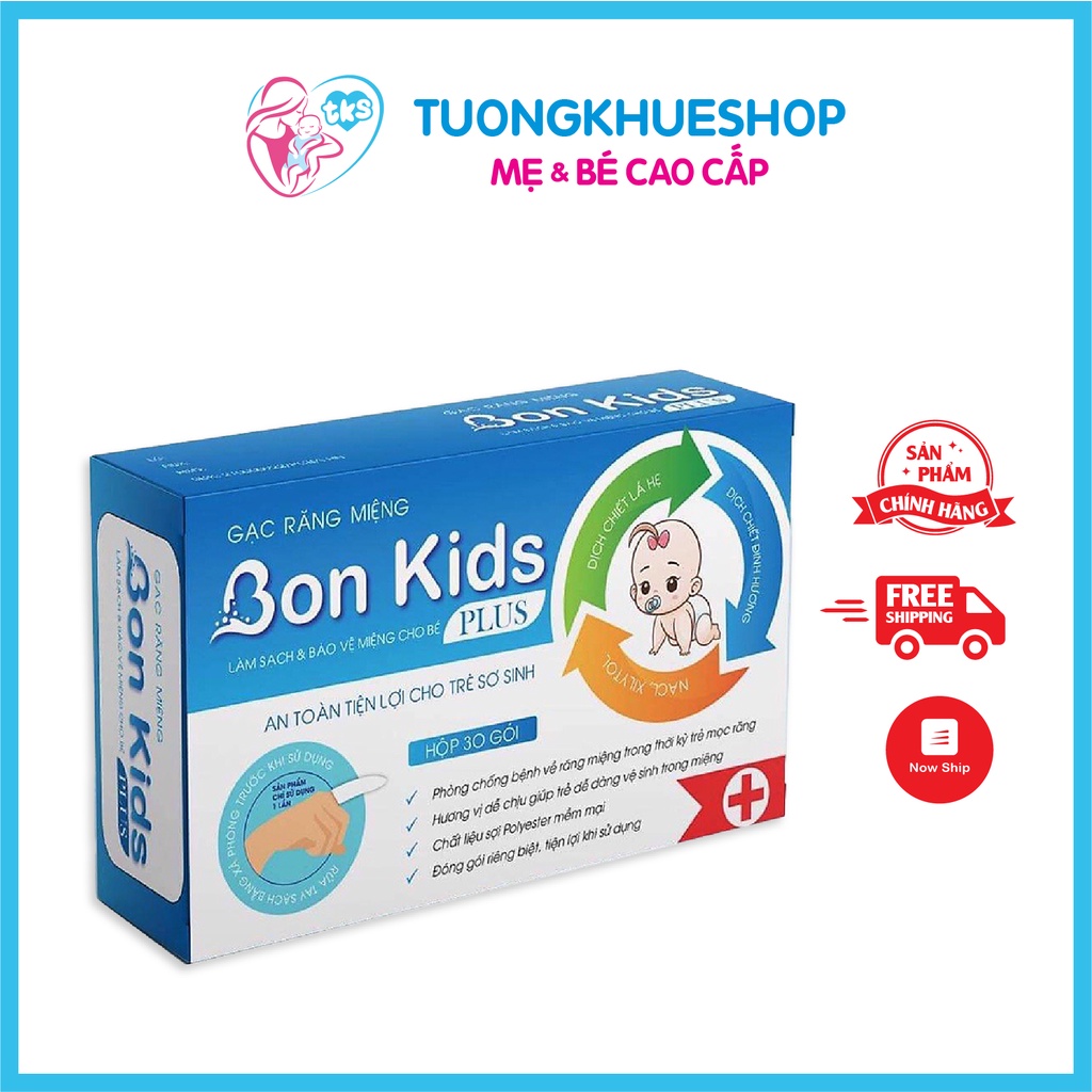 Gạc rơ lưỡi BON KIDS PLUS - làm sạch, chống sâu răng, tưa lưỡi sợi vải mềm mại, vừa ngón tay (hộp 30 gói)