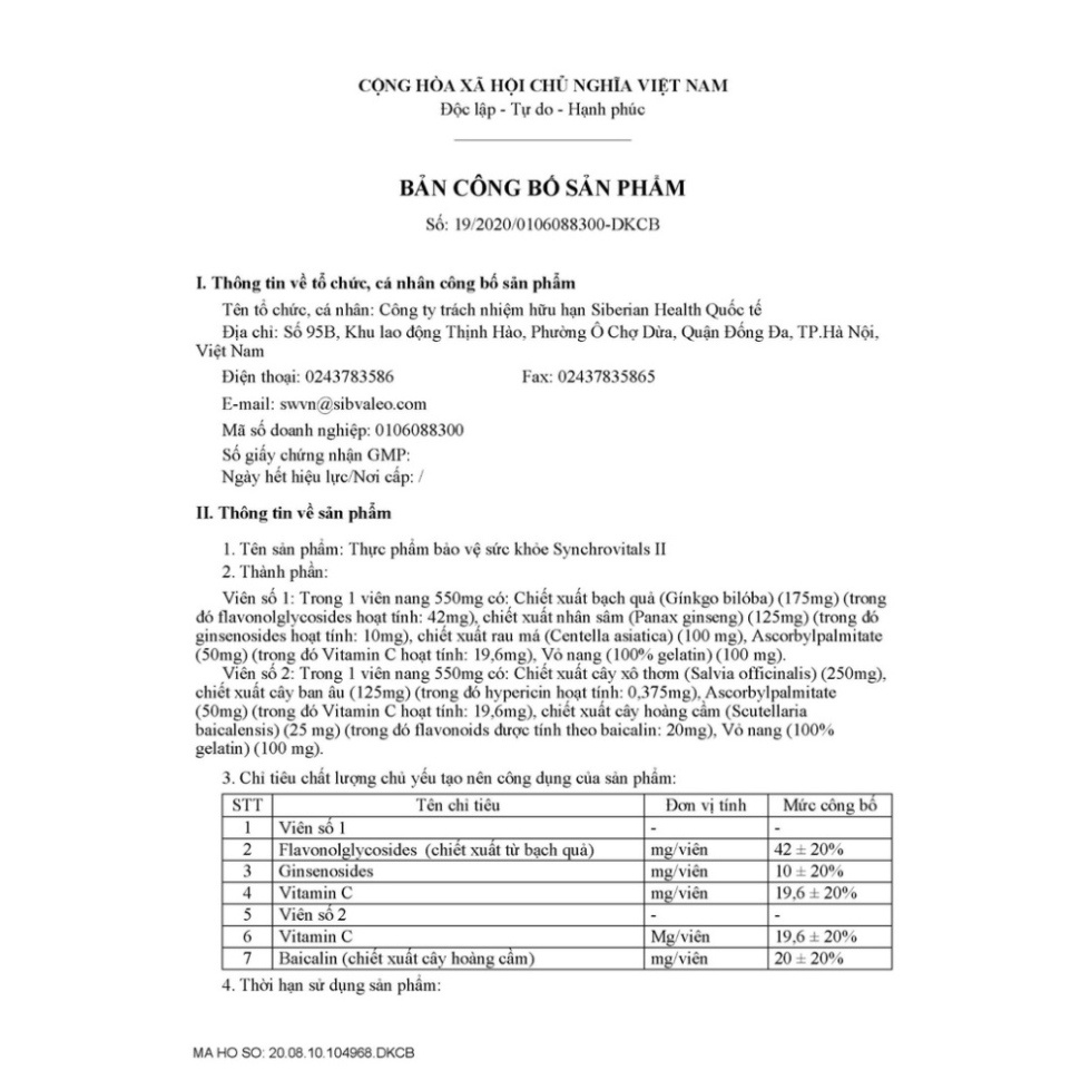 Syn 2 - Thực phẩm bảo vệ sức khỏe Synchrovitals II – 60 viên