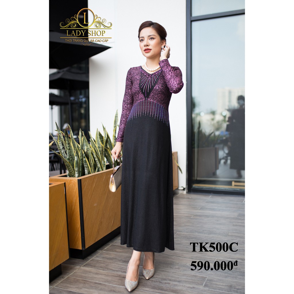 Váy trung niên quý bà cao cấp Ladyshop Maxi kim sa đỏ cổ V đá tia TK500 | BigBuy360 - bigbuy360.vn
