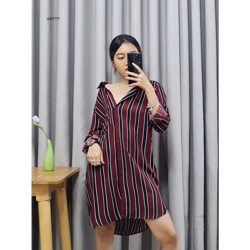 Q9777 - Đầm sơ mi F21 túi trước phối sọc dọc