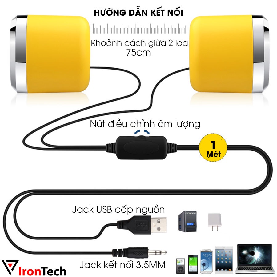 Loa máy vi tính mini có dây IronTech Bonks DX12 nhỏ gọn cầm tay âm thanh nổi 3D siêu bass tương thích laptop pc