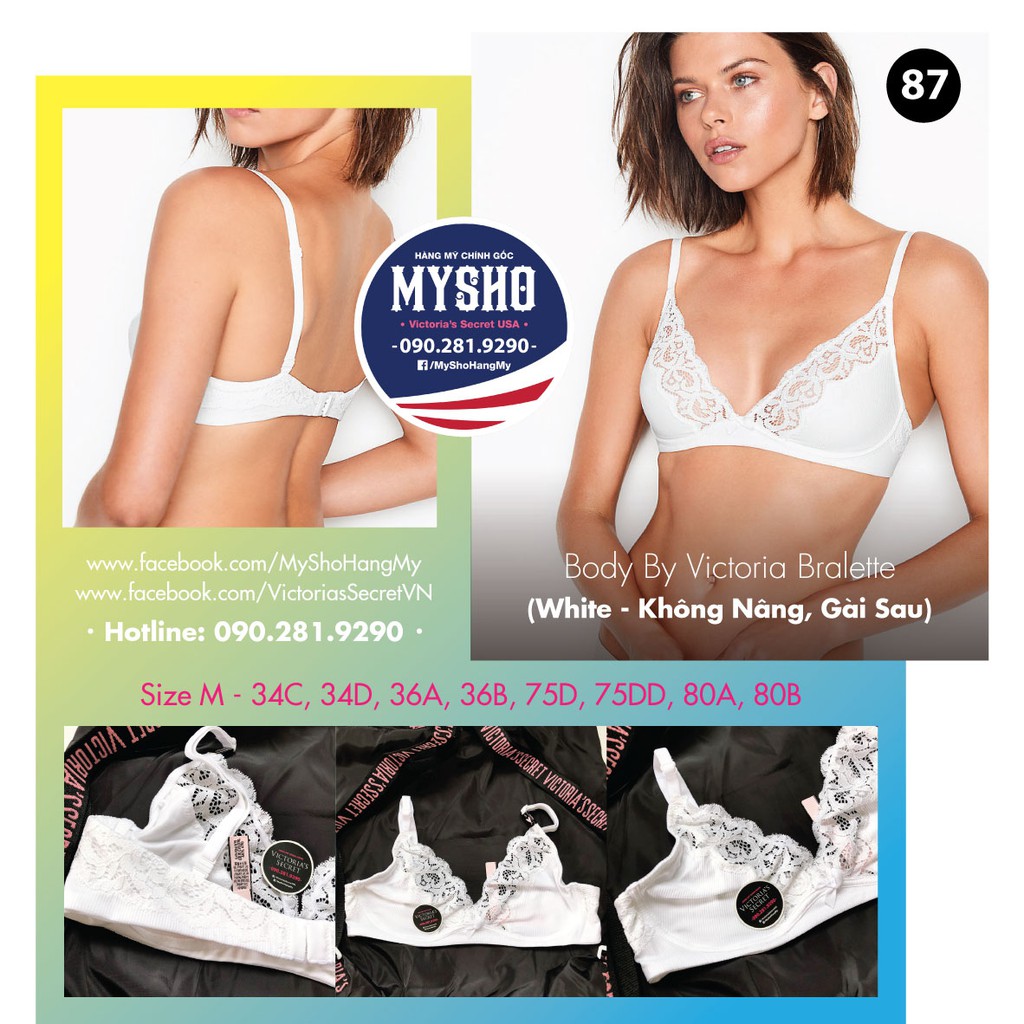 Áo bralette 87 Body by Victoria White, màu trắng, không mút, gài sau - Size M - hàng nhập Victoria's Secret