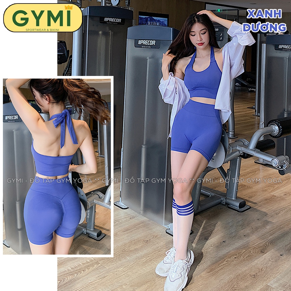 Set bộ đồ tập gym yoga nữ GYMI SET34 gồm áo bra cổ yếm thể thao và quần shorts chun mông thể thao chất dệt co giãn