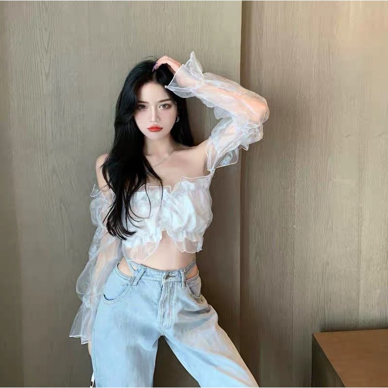 Áo Croptop 🍊 [Tiệm Vải Xinh] 🍊 Áo Croptop Ren Trễ Vai Tay Bồng - Hàng quảng châu