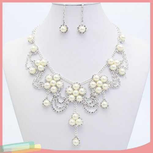Bộ Vòng cổ + Đôi Khuyên Tai Đính Ngọc Trai Giả Sang Trọng Cho Cô Dâu
