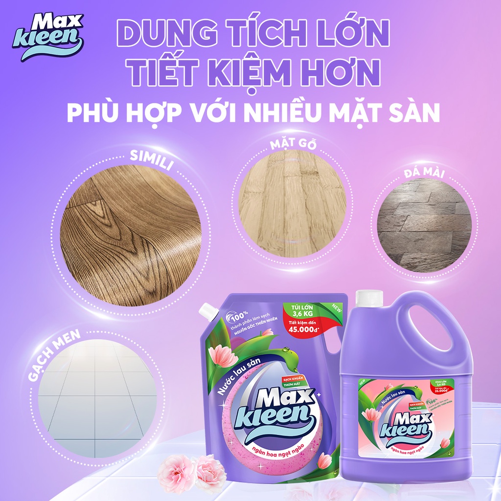 Combo Chai Lau Sàn 3.6kg + Túi Lau Sàn 3.6kg MaxKleen Ngàn hoa ngọt ngào