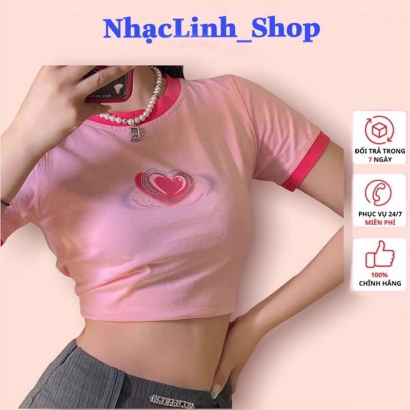 Áo croptop nữ cổ tròn ngắn tay in hình trái tim, áo thun croptop ôm body kiểu hàn quốc dễ thương cho nữ