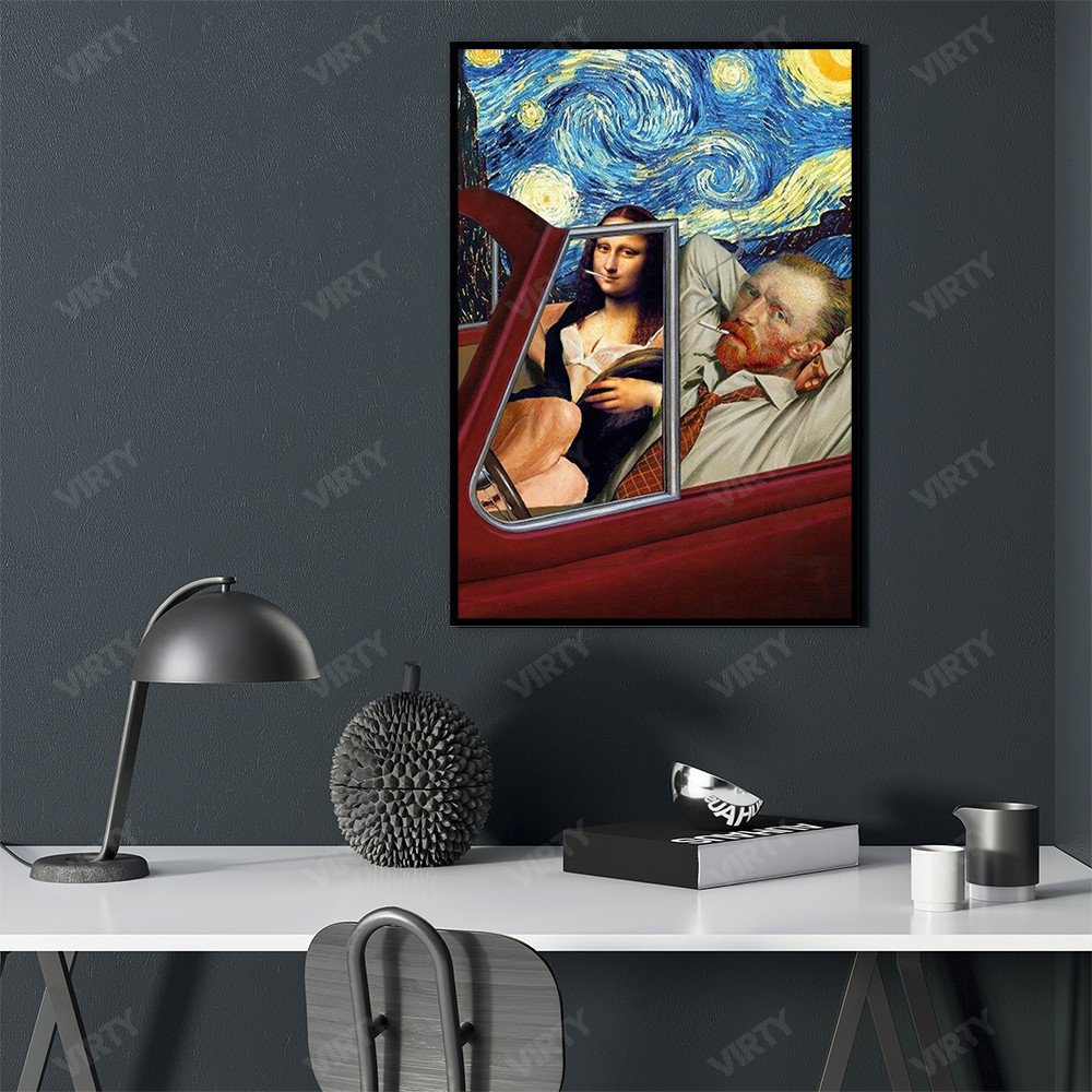 [Sale sập sàn] Tranh canvas decor Van Gogh x Mona Lisa drive a car Funny Art