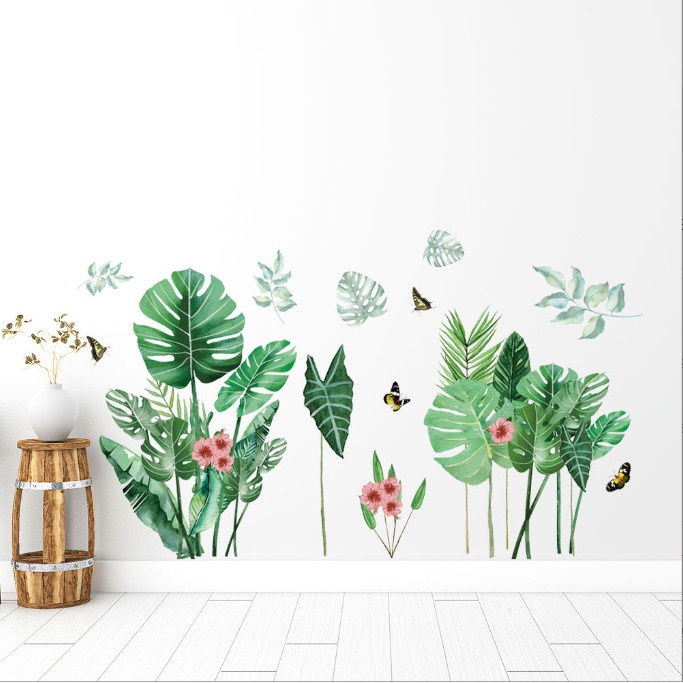 Decal trang trí tường - Lá dương xỉ và những bông hoa hồng nhỏ