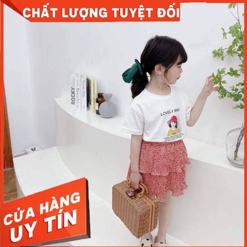 Set áo thun cotton + váy voan hoa nhí cao cấp cho bé gái 10-23kg