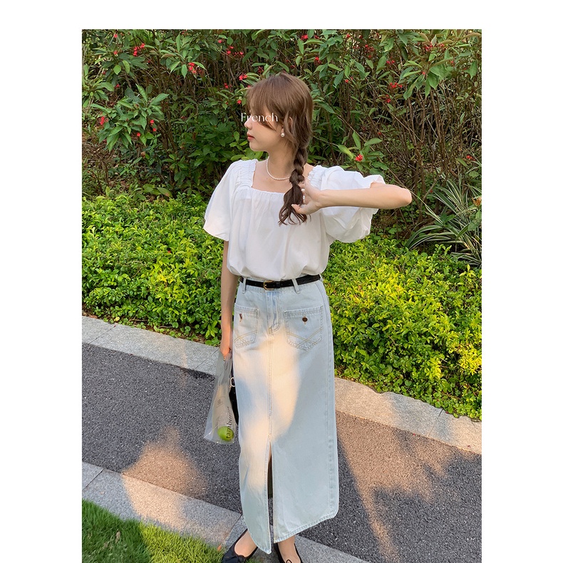 (SALE) Áo sơ mi tay ngắn cổ vuông freesize, Áo tay bồng che khuyết điểm tay to, 2 màu Trắng Đen