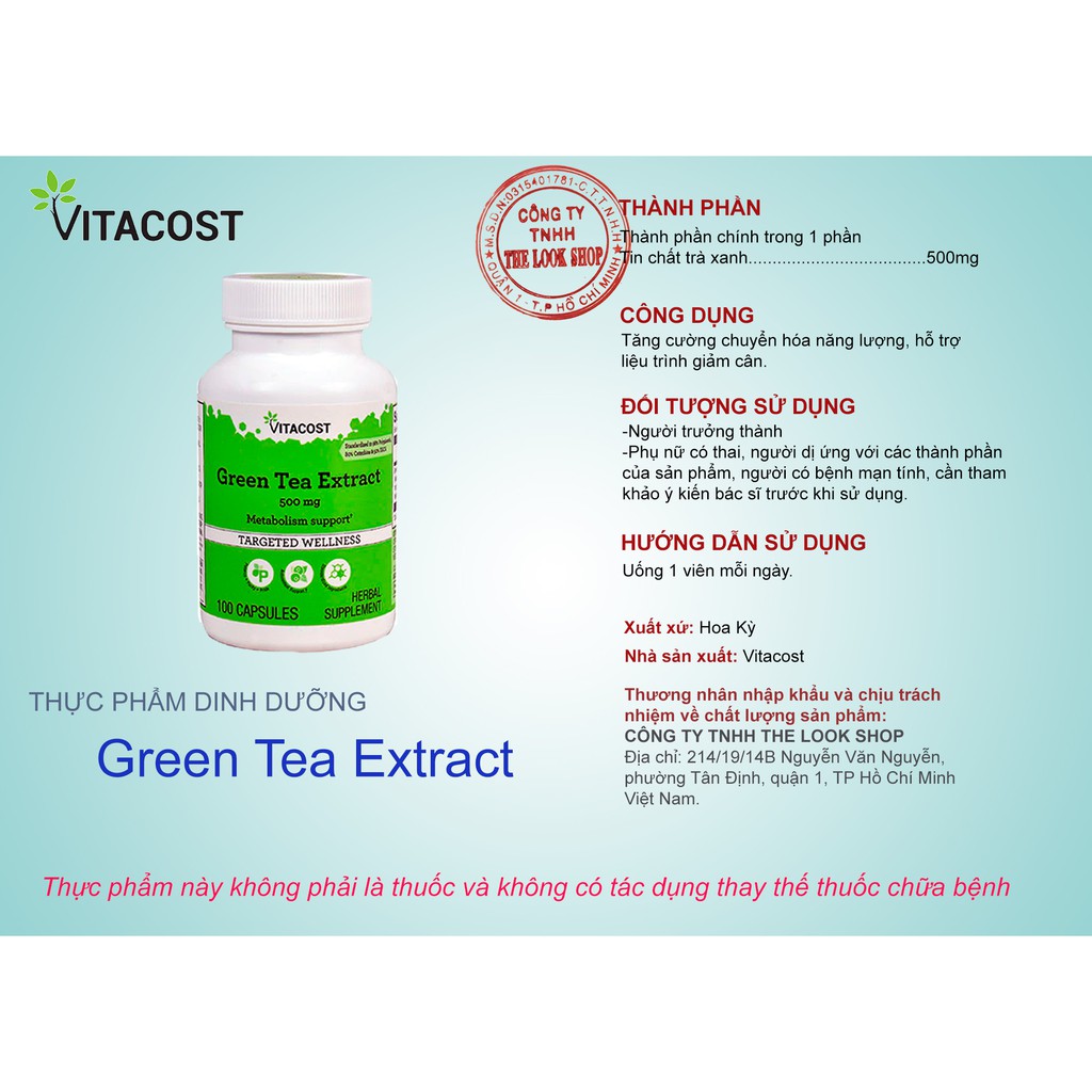 USA- Viên uống giảm cân Green Tea Extract 100 viên- Vitacost | BigBuy360 - bigbuy360.vn