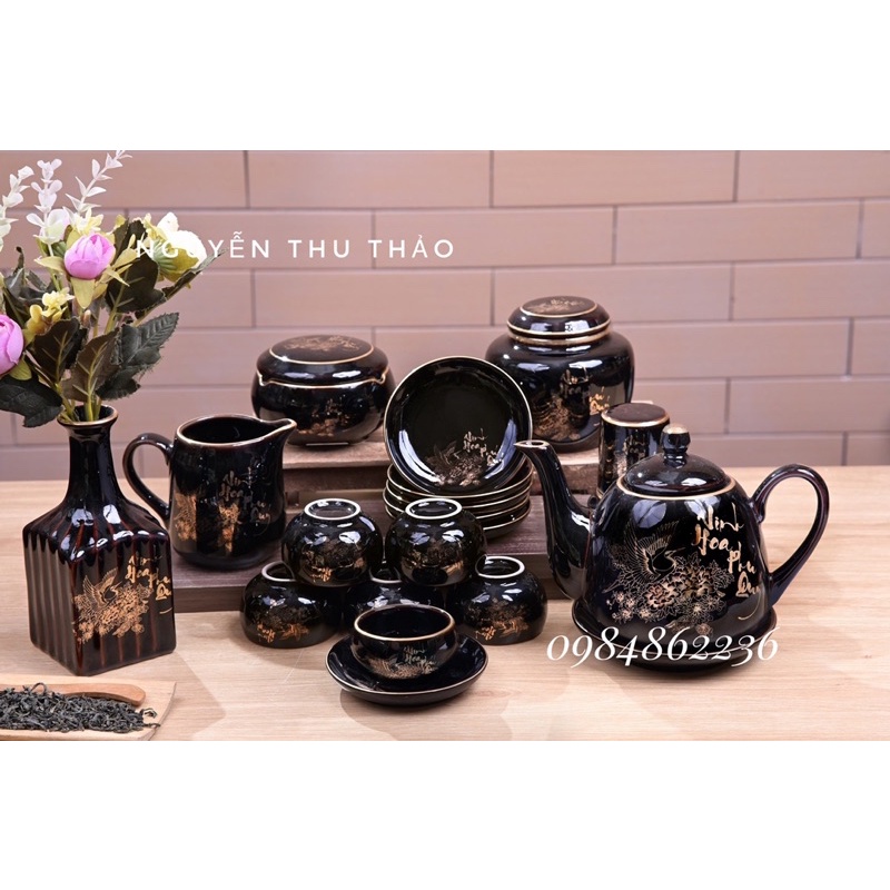 Bộ ấm chén vẽ cảnh vàng kim Bát Tràng - Bộ ấm trà đẹp