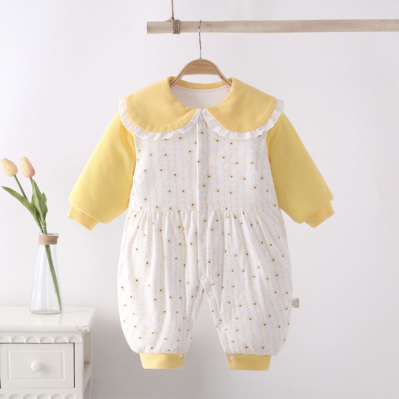 Áo Liền Quần Tay Dài Cổ Búp Bê Chất Liệu Cotton Dày Dặn Dễ Thương Thời Trang Mùa Đông Cho Bé Gái 0-24