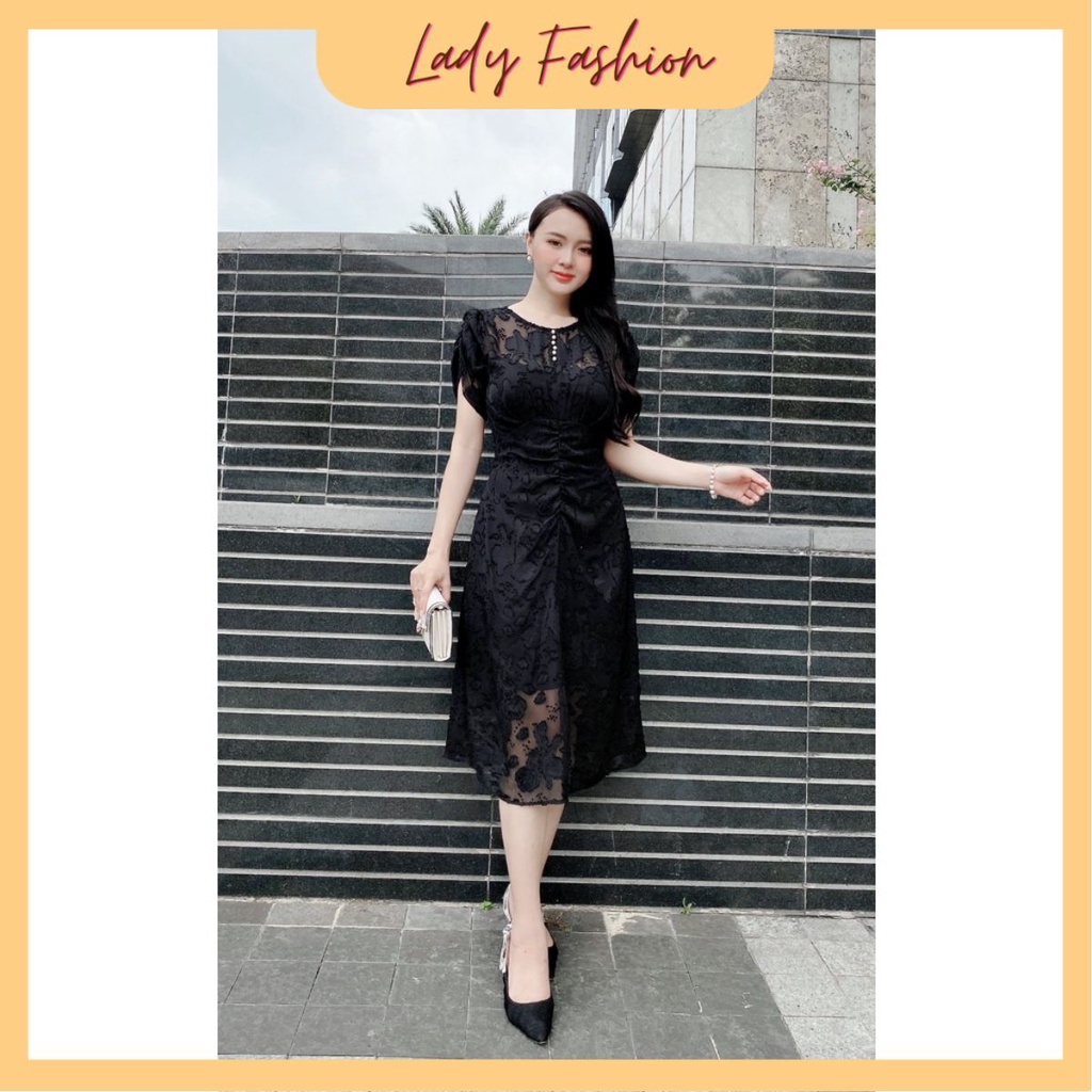 Đầm đen ren ép chìm phối ngọc ngực quý phái - DAM0017