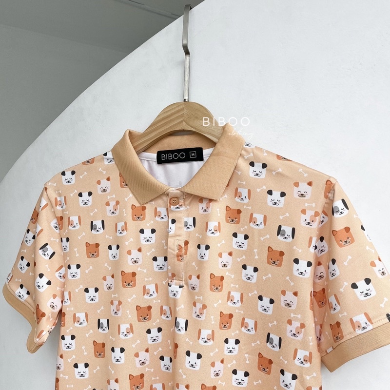 BIBOO - Áo polo họa tiết có cổ tay ngắn form unisex nam nữ CÚN MẶT VUÔNG - PUPPIES chất liệu dày dặn, không nhăn