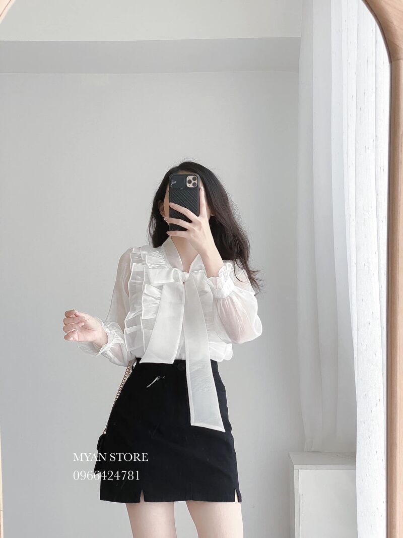 Áo organza cổ nơ bèo dọc AVN032117