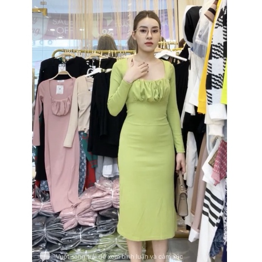 Váy body cổ vuông dúm siêu đẹp