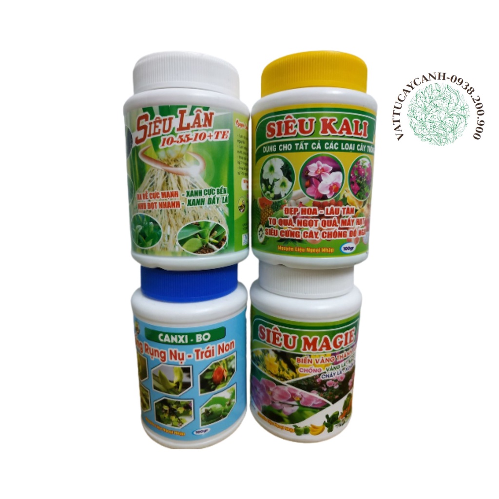 Bộ tứ sản phẩm dưỡng cây, kích hoa ( Canxi-bo + Kali + Magie + lân ) 100 gram/chai-BIOMAX