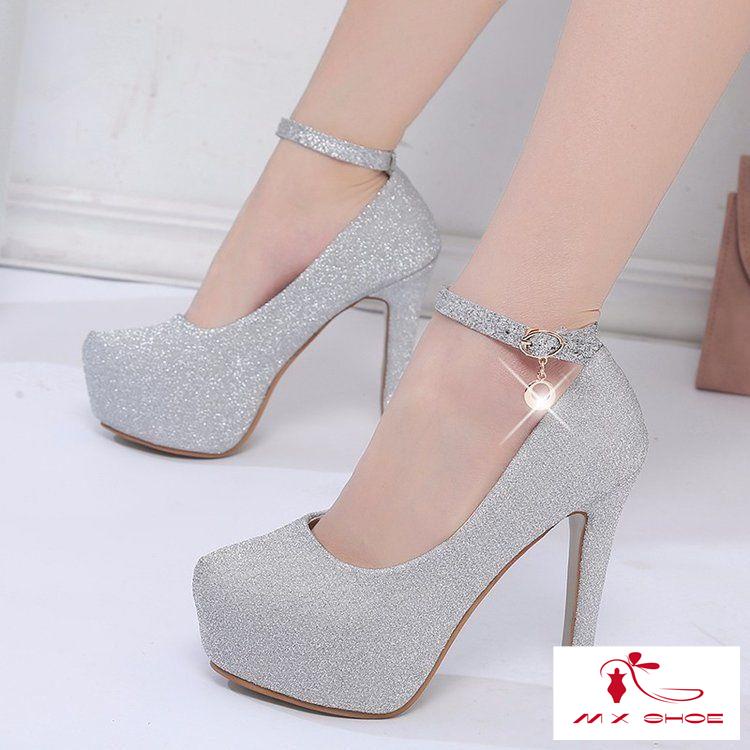 Giày Cao Gót Mũi Tròn Gót Tròn Màu Bạc Chống Nước Phong Cách Hàn Quốc Đi Tiệc Cưới Tiệc Tùng Cho Nữ 12cm