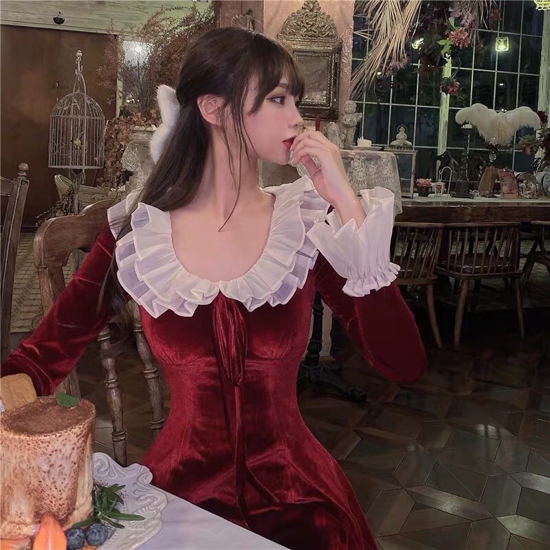 [Sẵn/ hình thật] Váy nhung đỏ ôm body cổ bèo. Đầm công chúa chân váy xoè dáng lolita Noel