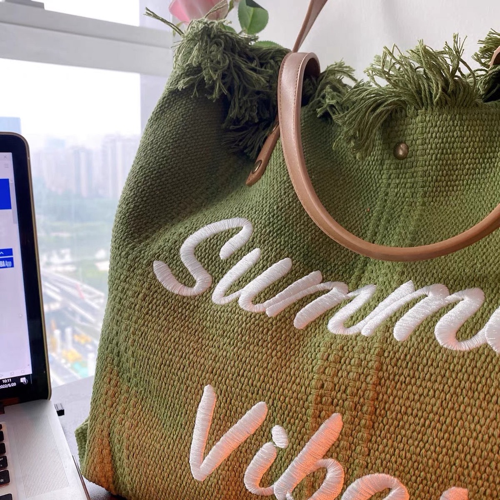 Olive Green!Túi Xách Canvas Cỡ Lớn Thêu Chữ Phong Cách Nhật Hàn