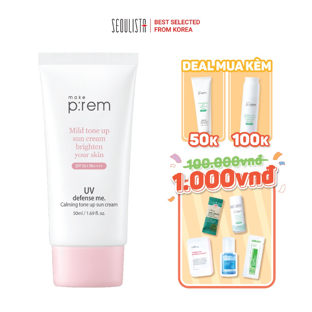 Kem Chống Nắng Vật Lý Nâng Tone Make P:rem UV defense me. Calming tone up sun cream