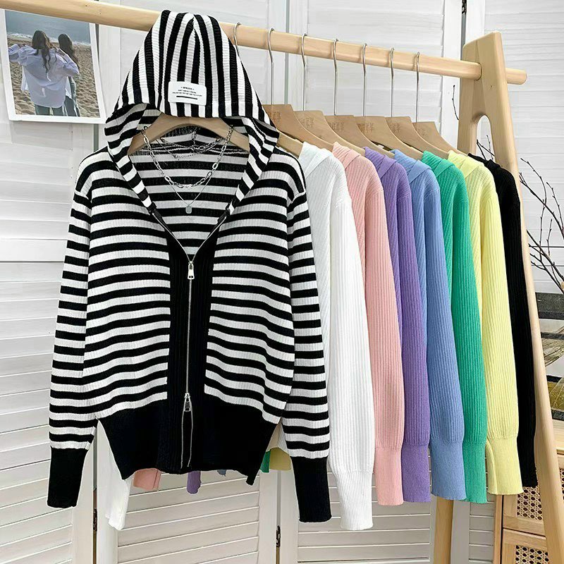 Áo khoác len dây kéo có mũ trùm đầu