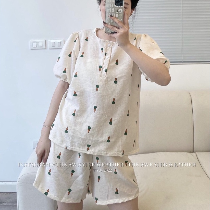 Set đũi khô tay bồng kèm buộc tóc nữ 🎁 Nana's House - FREESHIP 🎁 Bồ quần áo ngủ nữ mặc nhà form rộng,trẻ trung dễ mặc