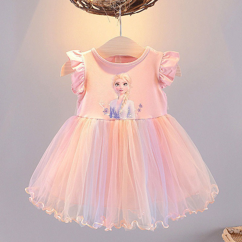 Đầm Công Chúa Se7en Phối Lưới In Họa Tiết Hoạt Hình Kiểu Hàn Quốc Thời Trang Mùa Hè Cho Bé Gái