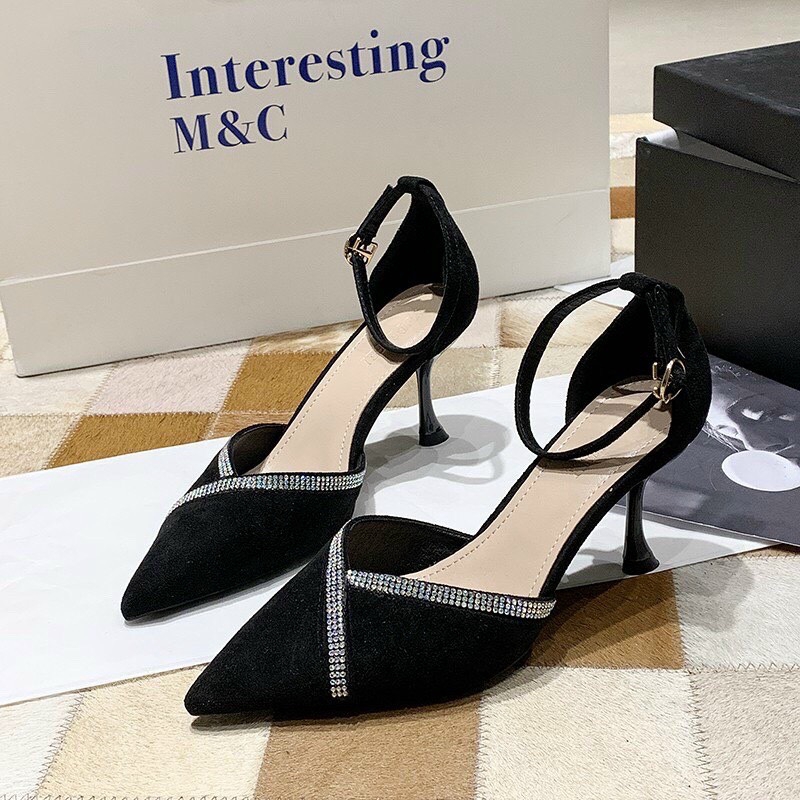 FREESHIP giày sandal nữ cao gót bít mũi viền đá gót cao 5p sang chảnh