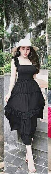 Đầm maxi đen 2 dây viền bèo