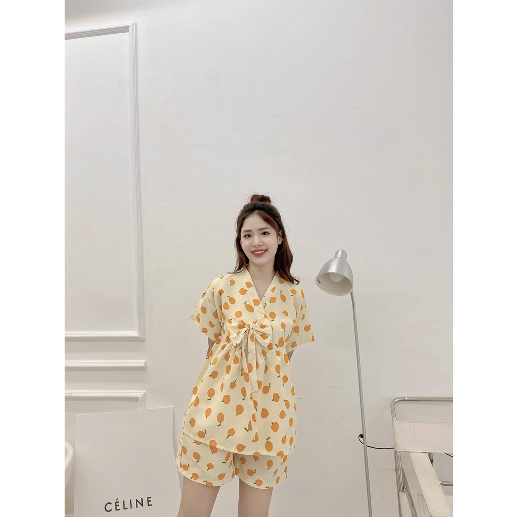 Bộ ngủ kimono phối nơ xinh xắn / Bộ mặc nhà freesize siêu xinh