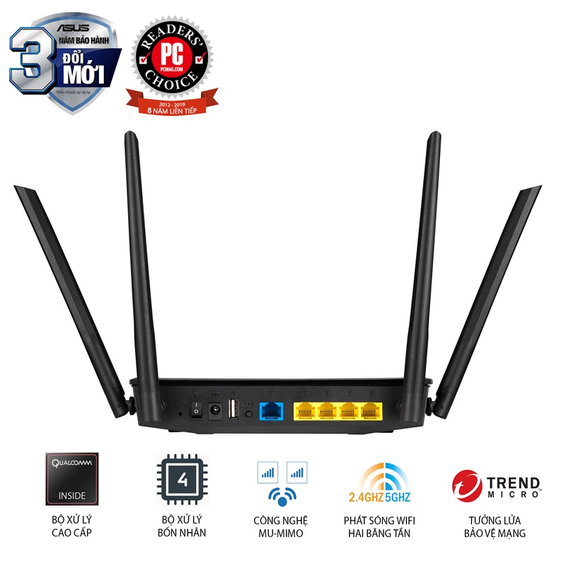 Bộ phát wifi (Router) Wifi ASUS RT-AC59U - Wifi 6 | 2.4 &amp; 5 GHZ | Cổng USB | Stream 4K | Chính hãng BH 3 năm